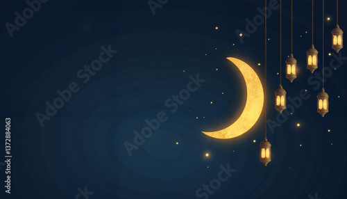 Golden crescent moon and lanterns glowing in dark blue night sky, festive atmosphere