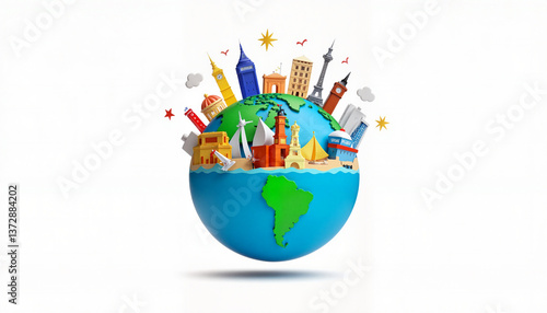 Miniature globe with famous landmarks, world travel concept