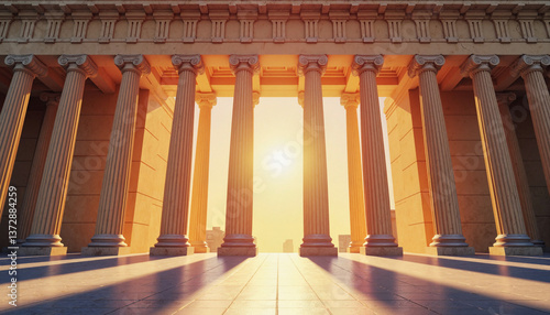 Grand museum entrance with classical columns at sunset, historical beauty