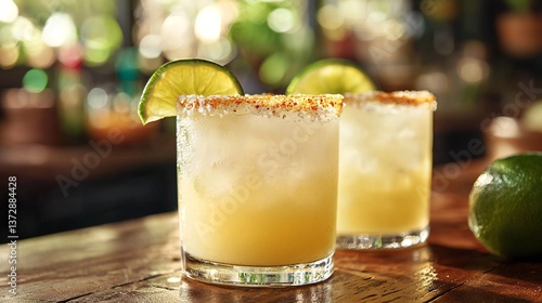 Cinco de Mayo, Refreshing lime margaritas in rocks glasses garnished with a lime wedge and chili salt rim Perfect summer cocktails at a bar