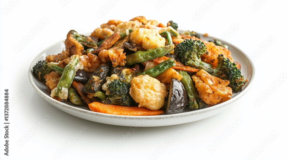 Delicious and visually appealing vegetable tempura mix on a white plate background Delicious and visually appealing vegetable tempura mix on a white plate background