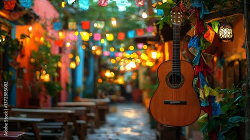 Cinco de Mayo, Classic guitar hanging outdoors in a vibrant colorful festive street at night with string lights and bunting A perfect image for travel music or cultural themes