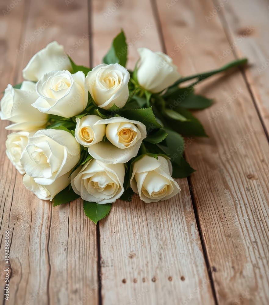 Pure white roses arranged on rustic wooden table, floral, image Pure white roses arranged on rustic wooden table, floral, image