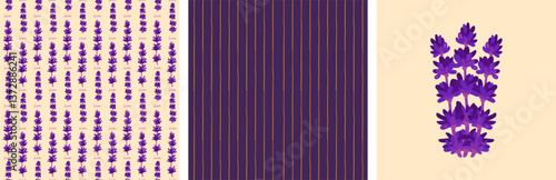 set of patterns with lavender and lines. poster and prints for fabric with Provence flowers