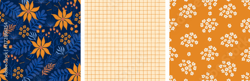 a set of seamless floral backgrounds. delicate flowers and buds with lines and a checkered print.