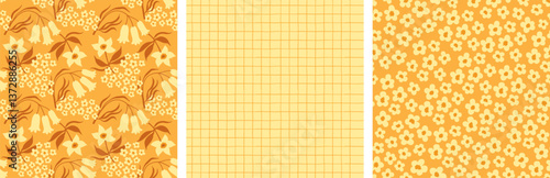 a set of seamless floral backgrounds. delicate flowers and buds with lines and a checkered print.