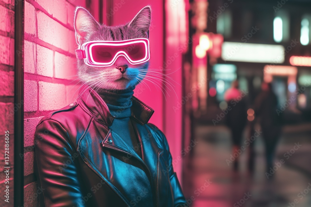 Futuristic cat in goggles and leather jacket in neon city street