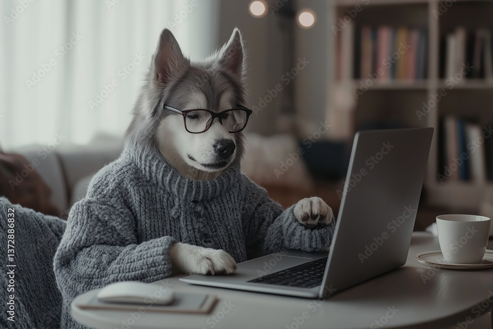 Dog wearing glasses and sweater works on laptop in cozy home interior