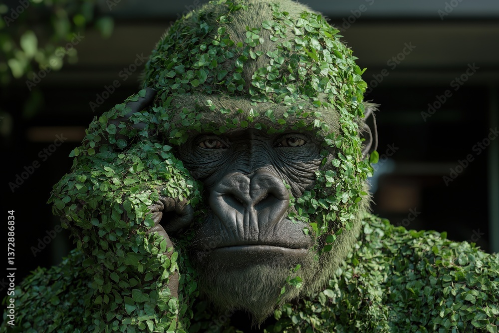 Creative depiction of a gorilla covered in vibrant green foliage outdoors