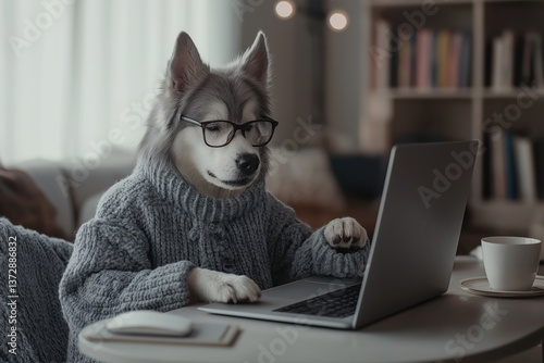Obraz na płótnie Dog wearing glasses and sweater works on laptop in cozy home interior w salonie
