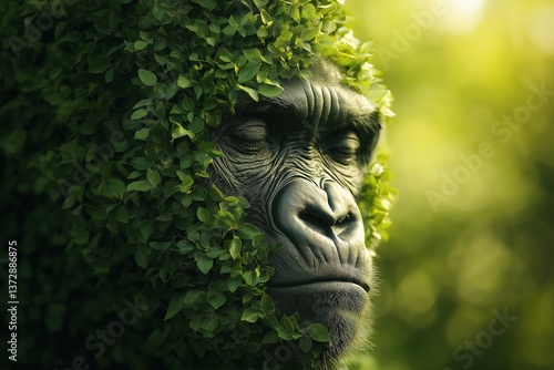 Obraz na płótnie Gorilla face blended with green foliage representing nature and harmony w salonie