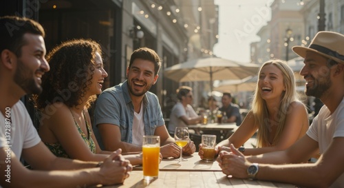 Friends Enjoying Drinks at Outdoor Cafe