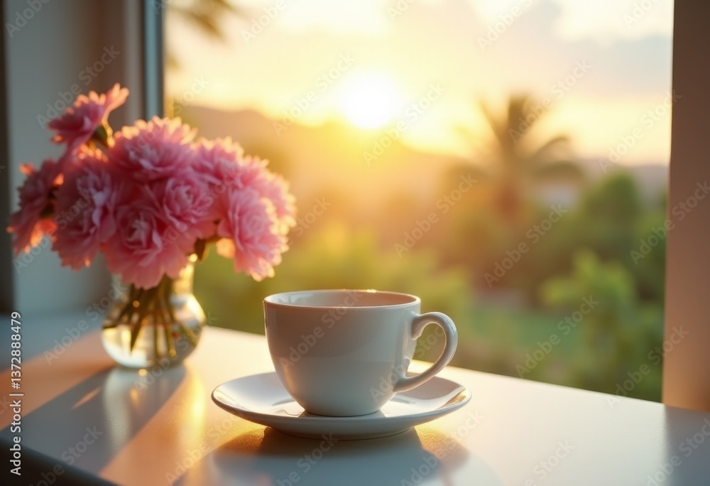 A cup of coffee sitting on a table next to a vase of flowers A cup of coffee sitting on a table next to a vase of flowers