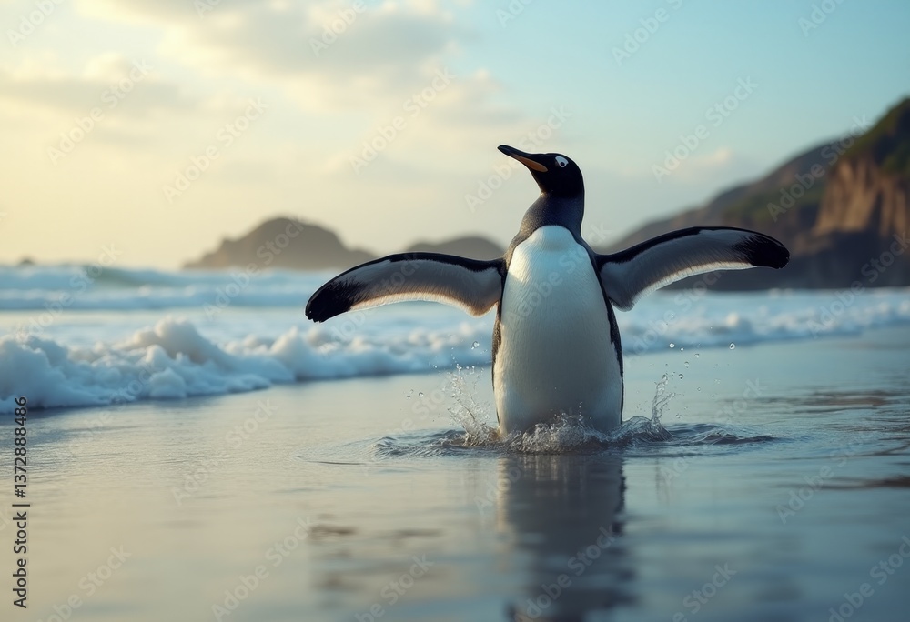 Obraz premium A penguin standing in the water with its wings spread