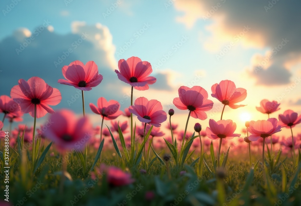 A field of pink flowers with a sunset in the background A field of pink flowers with a sunset in the background