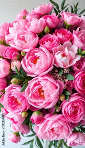 A lush bouquet of pink peonies and roses, overflowing with blooms, abundant, full