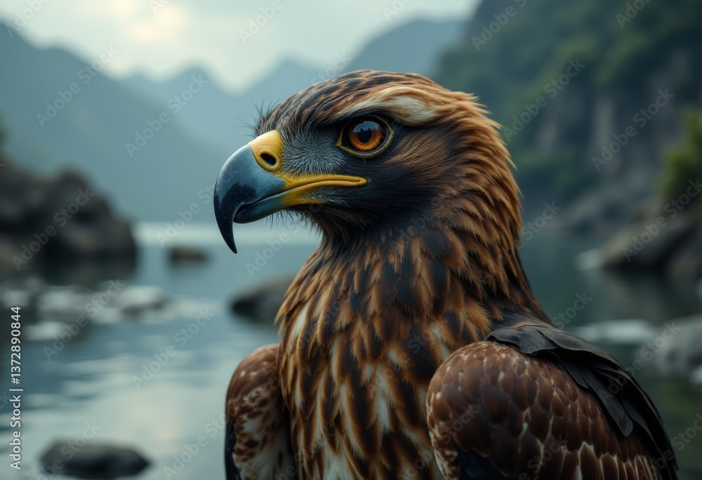 A close up of a bird of prey sitting on a rock by the water A close up of a bird of prey sitting on a rock by the water