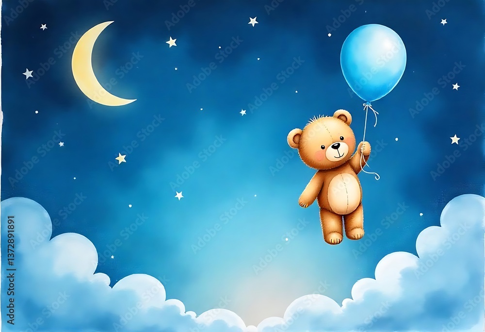 Fototapeta premium Watercolor illustration of a cute teddy bear holding a blue balloon floating in the air