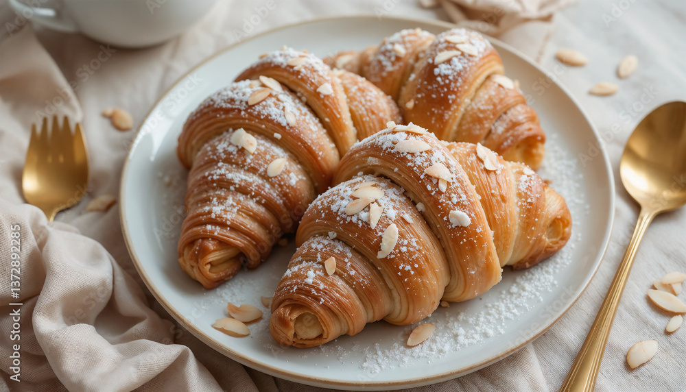 Fresh croissants dusted with powdered sugar and sliced almonds on white plate with gold rim and gold cutlery on cream fabric background Fresh croissants dusted with powdered sugar and sliced almonds on white plate with gold rim and gold cutlery on cream fabric background
