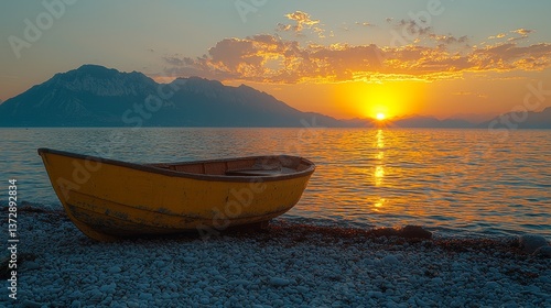 A yellow boat sitting on top of a beach next to a body of water