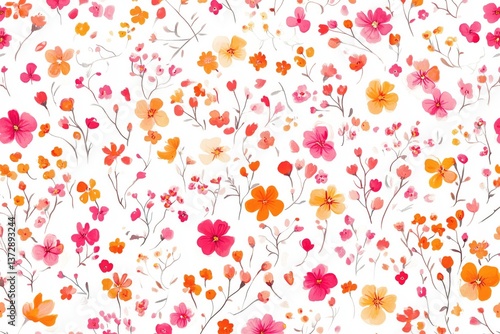 Wallpaper Mural Floral pattern. Pretty flowers on a white background. Printing with small orange, red, and pink flowers. Ditsy print. Spring Bouquet.A white background, red and orange small flowers pattern. Torontodigital.ca
