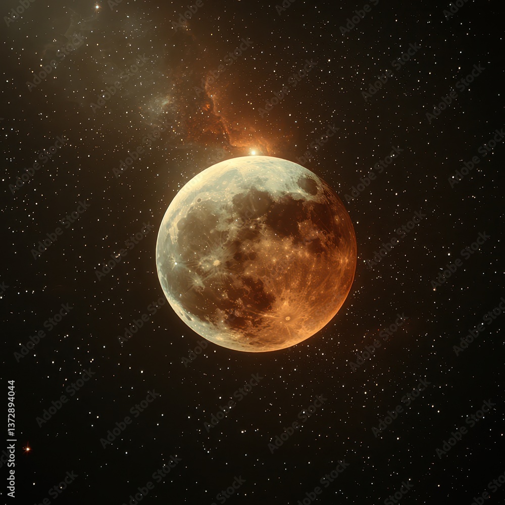 Obraz premium Lunar eclipse orbit cosmic concept. A stunning cosmic image of a glowing moon surrounded by twinkling stars and nebulous clouds, creating a captivating celestial landscape.