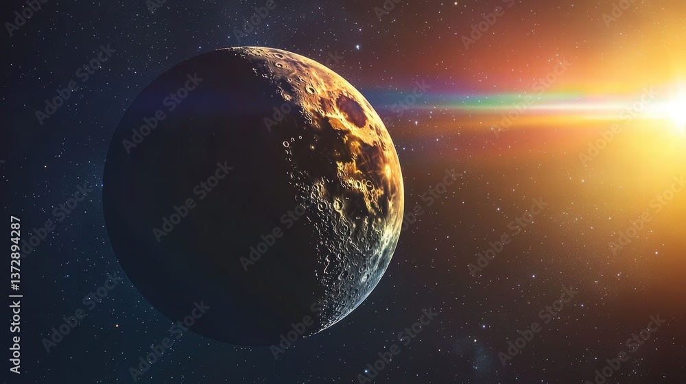 Obraz premium Lunar eclipse orbit cosmic concept. A stunning cosmic scene featuring a planet illuminated by sunlight, surrounded by stars in a vast universe.