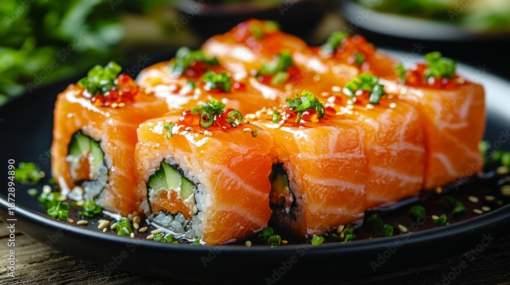 A black plate topped with sushi on top of a wooden table A black plate topped with sushi on top of a wooden table