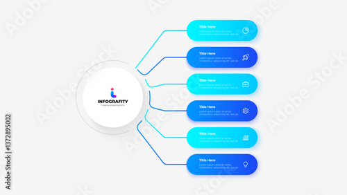Modern infographic with gradient color scheme showcases a central design branching into six sections. Perfect for presenting business data, workflows, or processes