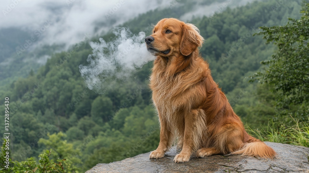 Obraz premium A dog sitting on top of a rock smoking a cigarette