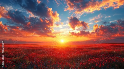 A field of red flowers under a cloudy sky at sunset