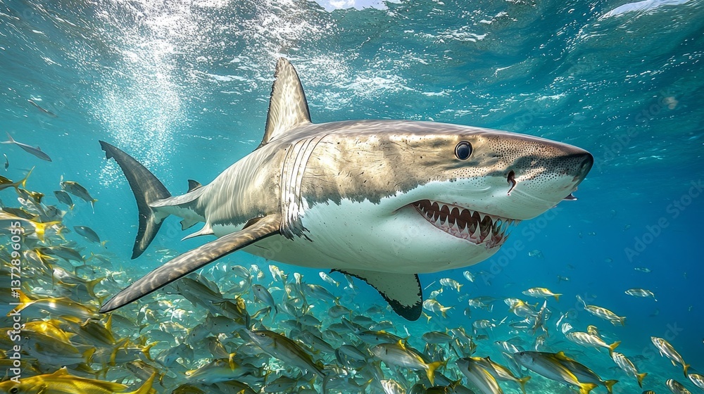 Obraz premium A great white shark swimming in the ocean surrounded by fish