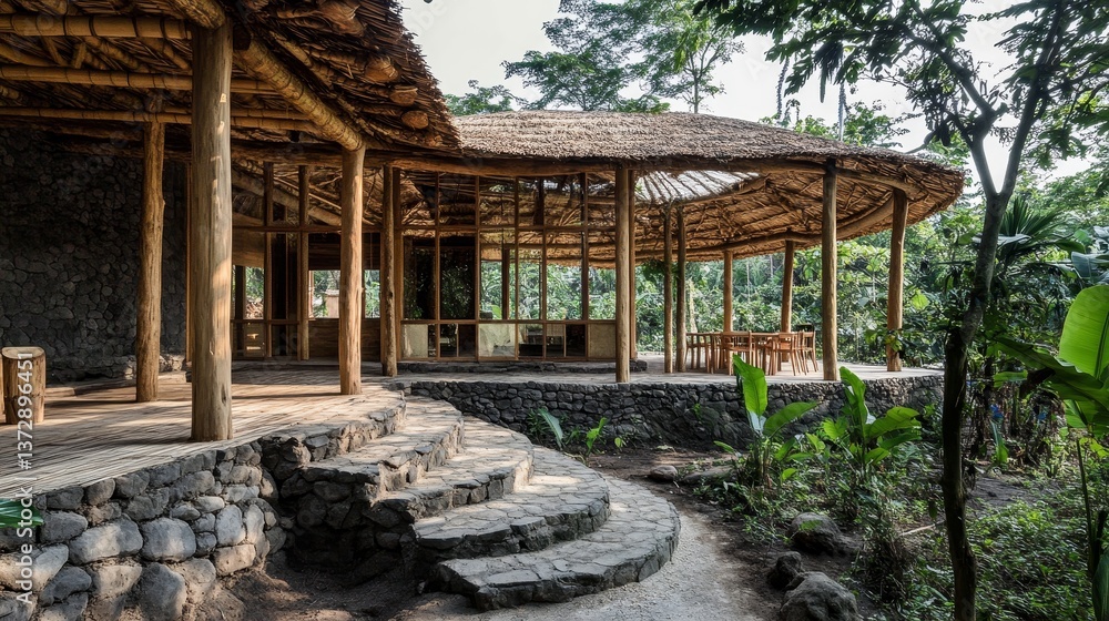 Open bamboo structure with thatched roof surrounded by green foliage Open bamboo structure with thatched roof surrounded by green foliage