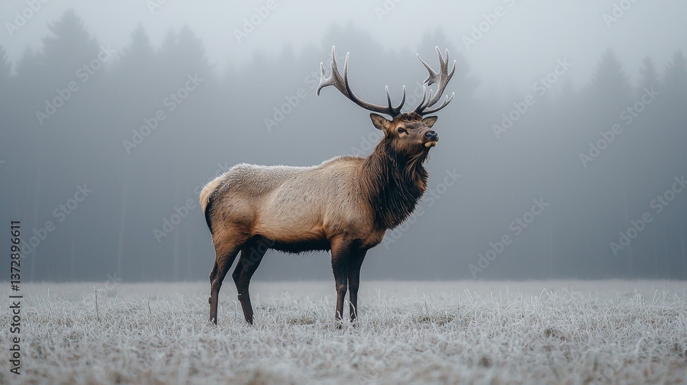 Fototapeta premium A large elk standing in a field covered in frost