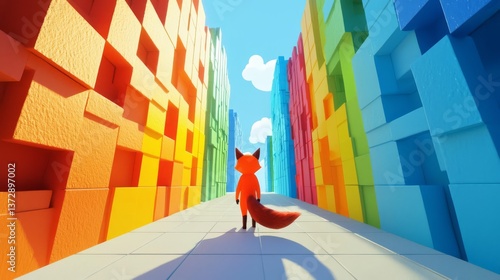 A vibrant scene featuring a fox walking through a colorful urban setting, surrounded by abstract walls of color.