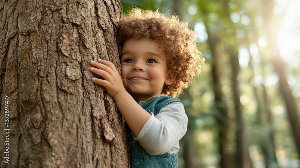 A cheerful child with curly hair is hugging a tree in a sunlit forest, showcasing the joyful spirit of childhood, love for nature, and the beauty of outdoor playtime experiences. A cheerful child with curly hair is hugging a tree in a sunlit forest, showcasing the joyful spirit of childhood, love for nature, and the beauty of outdoor playtime experiences.