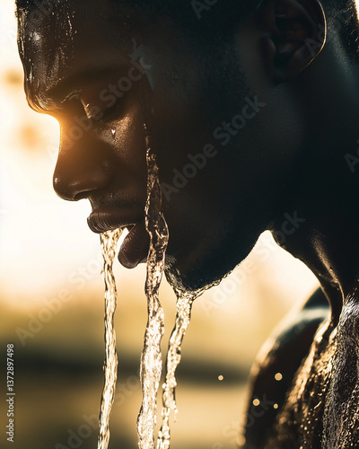 Man experiencing water release on his face during sunset
