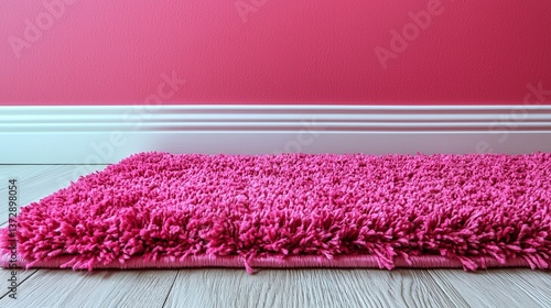 A pink rug on a wooden floor in front of a pink wall
