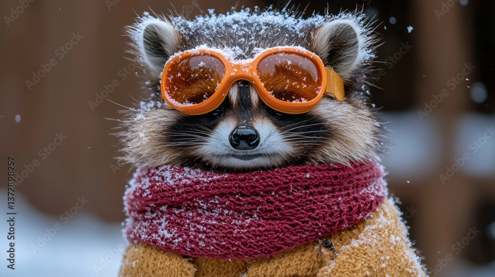 Fototapeta premium A raccoon wearing a scarf and sunglasses in the snow