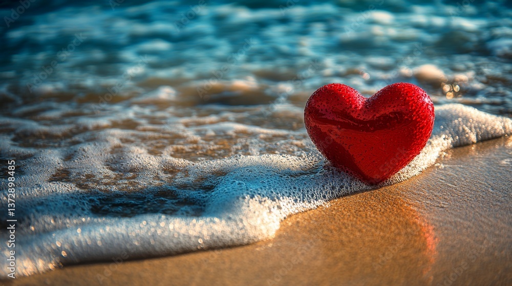 Fototapeta premium A red heart sitting on top of a sandy beach next to the ocean