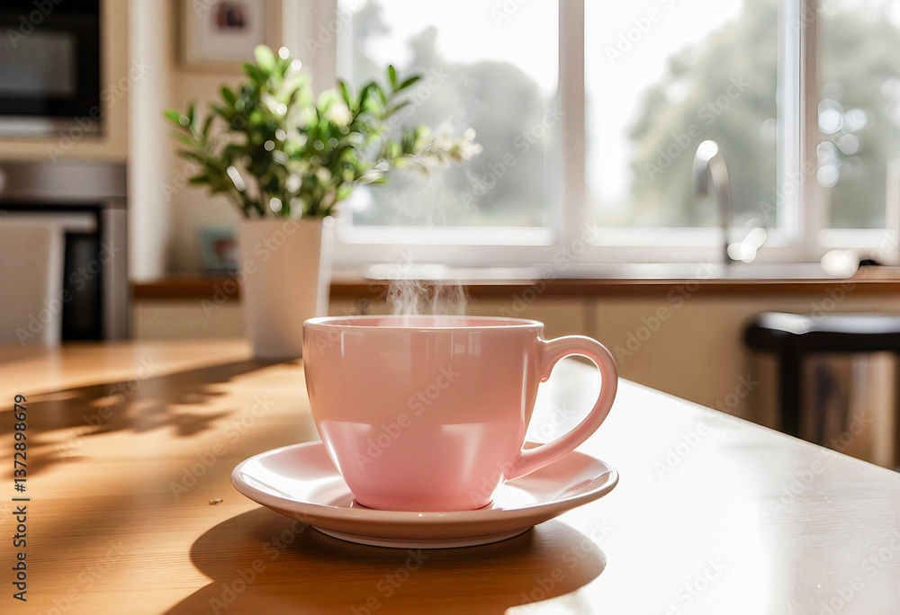 A pink mug filled with a hot beverage, likely coffee or tea, placed on a wooden kitchen table A pink mug filled with a hot beverage, likely coffee or tea, placed on a wooden kitchen table