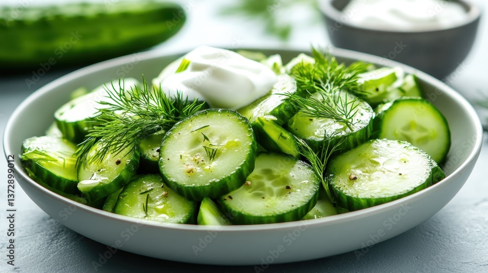 A delicious and colorful arrangement of sliced cucumbers and herbs in a stylish bowl, topped with yogurt, perfect for summer meal gatherings or health-focused diets. A delicious and colorful arrangement of sliced cucumbers and herbs in a stylish bowl, topped with yogurt, perfect for summer meal gatherings or health-focused diets.