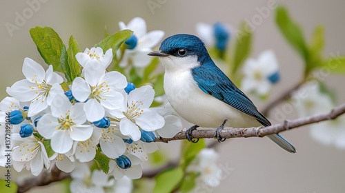 A small blue and white bird sitting on a branch of a tree