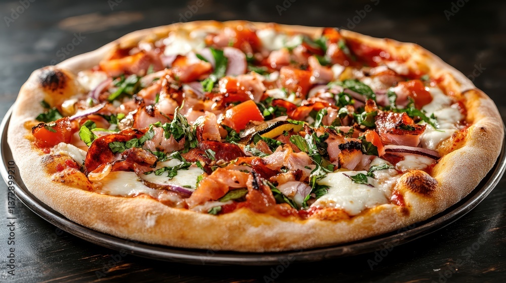 Mouthwatering pizza with a variety of toppings including meat and vegetables, perfect for showcasing the delight of comfort food and culinary craftsmanship. Mouthwatering pizza with a variety of toppings including meat and vegetables, perfect for showcasing the delight of comfort food and culinary craftsmanship.