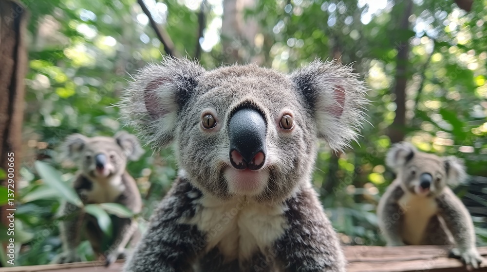 Obraz premium A group of koalas sitting on top of a wooden fence