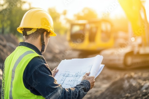 A construction worker wearing a helmet stands as the main subject in the image.