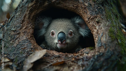 A koala bear peeking out of a hole in a tree