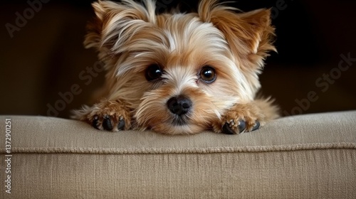 A small dog laying on top of a couch