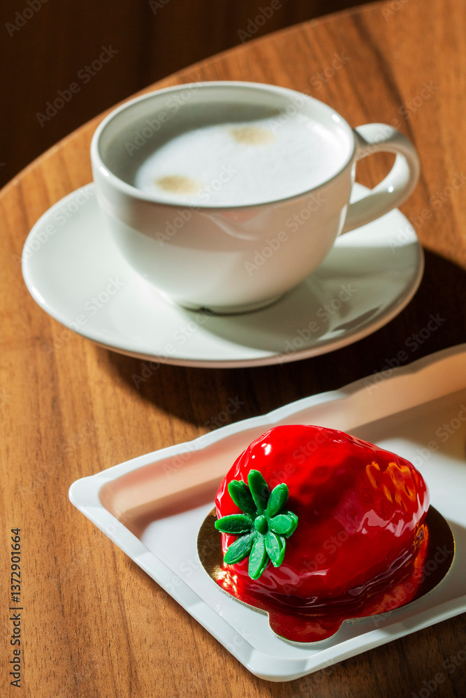 Mousse cake with strawberry filling covered with mirror glaze and a cup of latte on a table in a cafe.