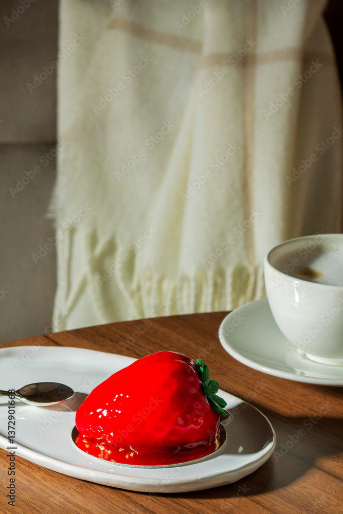 Mousse cake with strawberry filling covered with mirror glaze and a cup of latte on a table in a cafe.